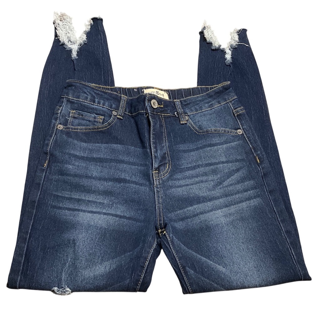 Umgee Denim Women Dark Wash Distressed Skinny Jeans Frayed Step Hem J4083 Size 3
